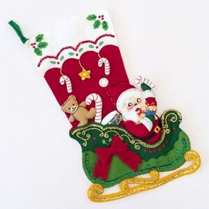 Vintage Finished Bucilla Felt Sequin Beaded Christmas Stocking Santa Sleigh Toys